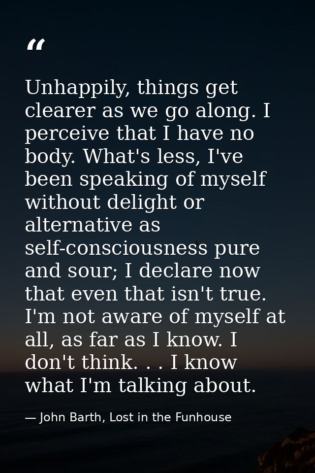 Unhappily, things get clearer as we go along. I perceive that I have no body. What's less, I've been speaking of myself  — John Barth, Lost in the Funhouse