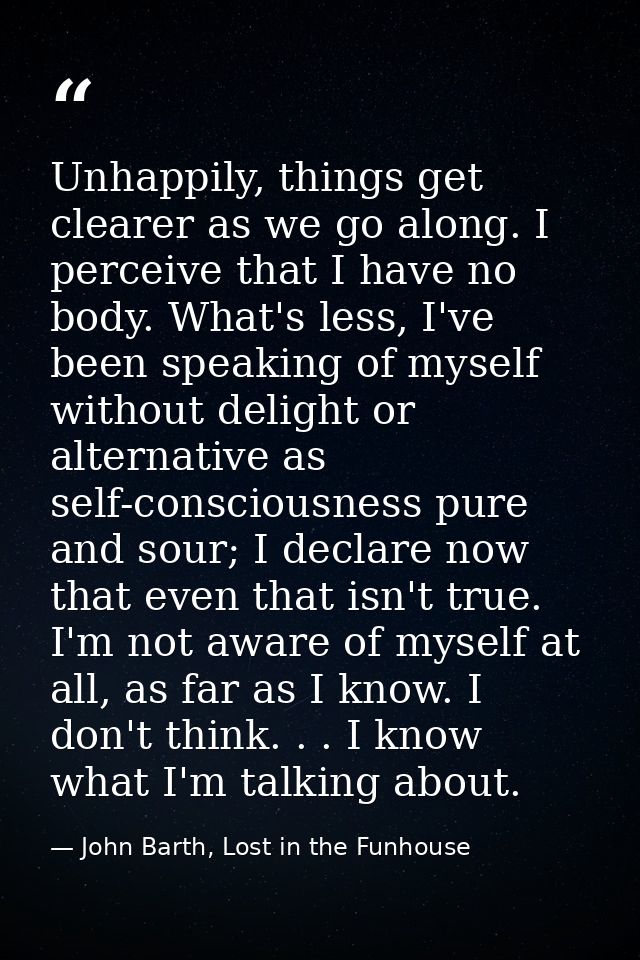 Unhappily, things get clearer as we go along. I perceive that I have no body. What's less, I've been speaking of myself  — John Barth, Lost in the Funhouse