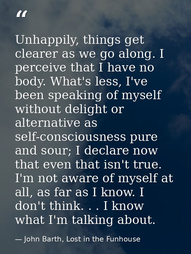 Unhappily, things get clearer as we go along. I perceive that I have no body. What's less, I've been speaking of myself  — John Barth, Lost in the Funhouse
