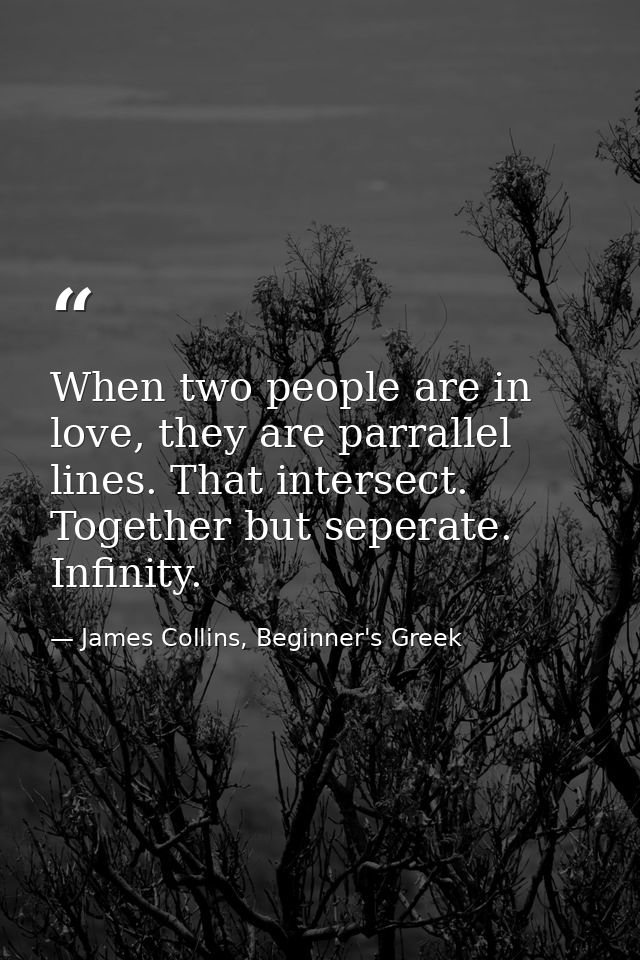 When two people are in love, they are parrallel lines. That intersect. Together but seperate. Infinity. — James Collins, Beginner's Greek