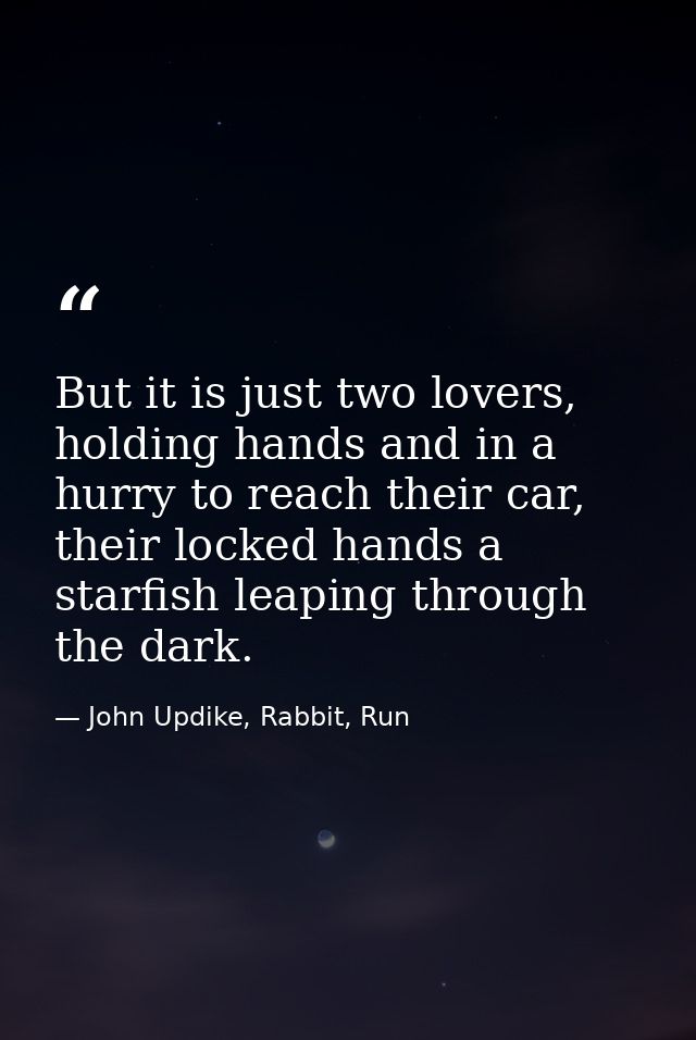 But it is just two lovers, holding hands and in a hurry to reach their car, their locked hands a starfish leaping throug — John Updike, Rabbit, Run