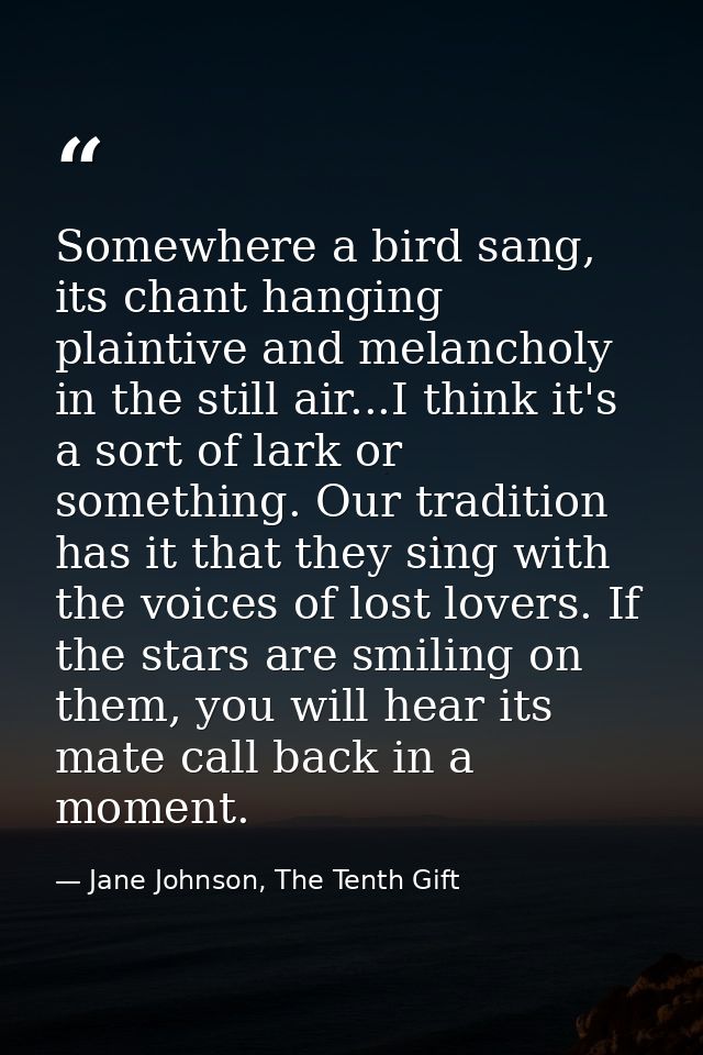 Somewhere a bird sang, its chant hanging plaintive and melancholy in the still air...I think it's a sort of lark or some — Jane Johnson, The Tenth Gift