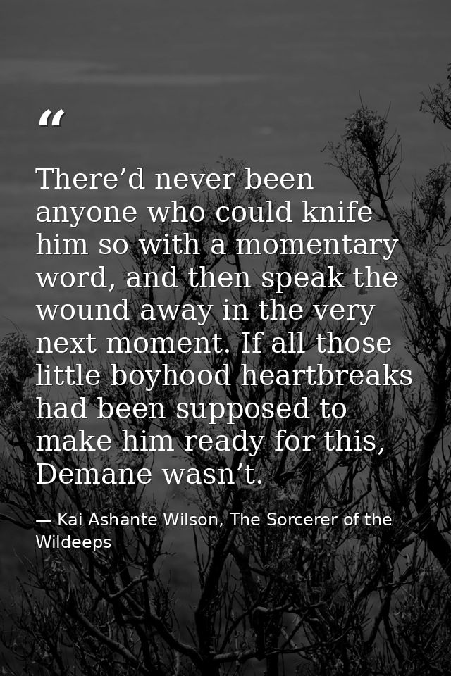 There’d never been anyone who could knife him so with a momentary word, and then speak the wound away in the very next m — Kai Ashante Wilson, The Sorcerer of the Wildeeps