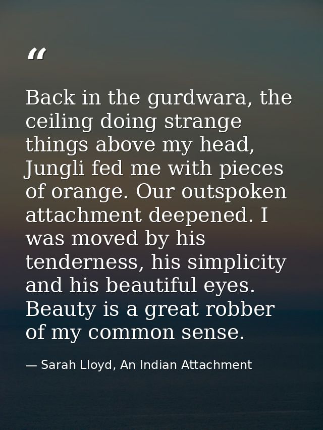 Back in the gurdwara, the ceiling doing strange things above my head, Jungli fed me with pieces of orange. Our outspoken — Sarah Lloyd, An Indian Attachment