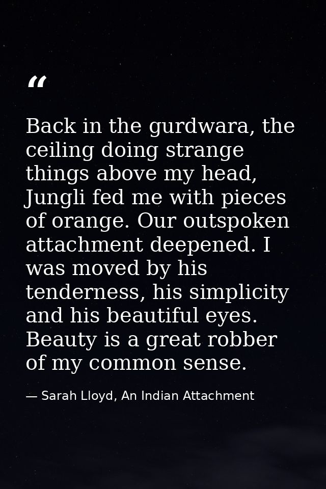 Back in the gurdwara, the ceiling doing strange things above my head, Jungli fed me with pieces of orange. Our outspoken — Sarah Lloyd, An Indian Attachment