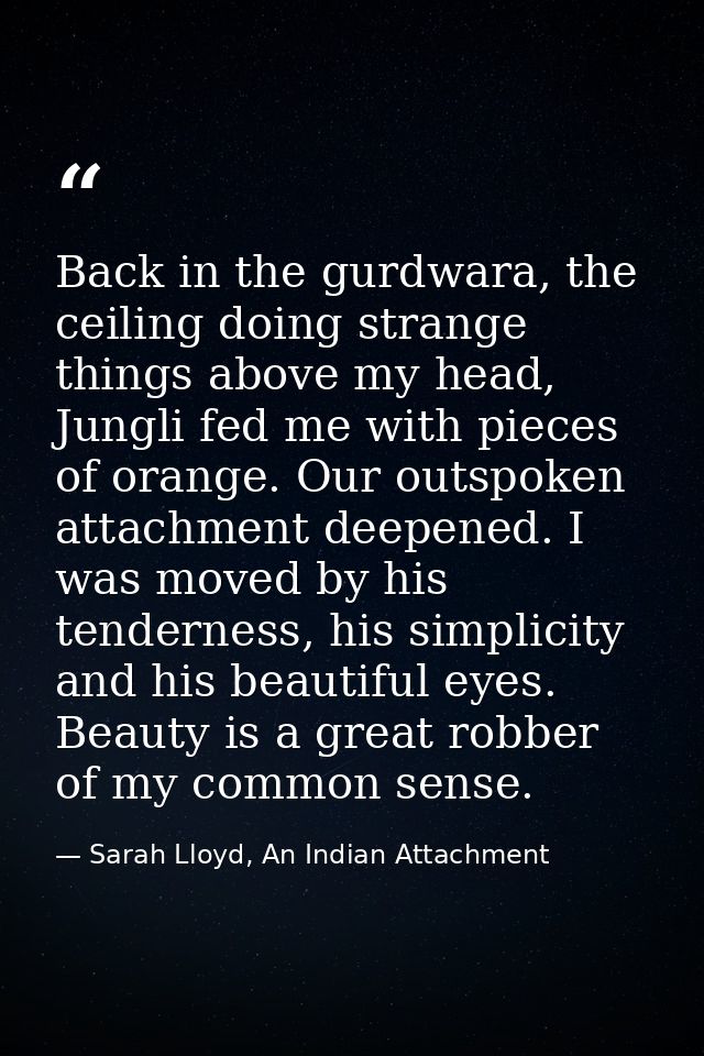 Back in the gurdwara, the ceiling doing strange things above my head, Jungli fed me with pieces of orange. Our outspoken — Sarah Lloyd, An Indian Attachment