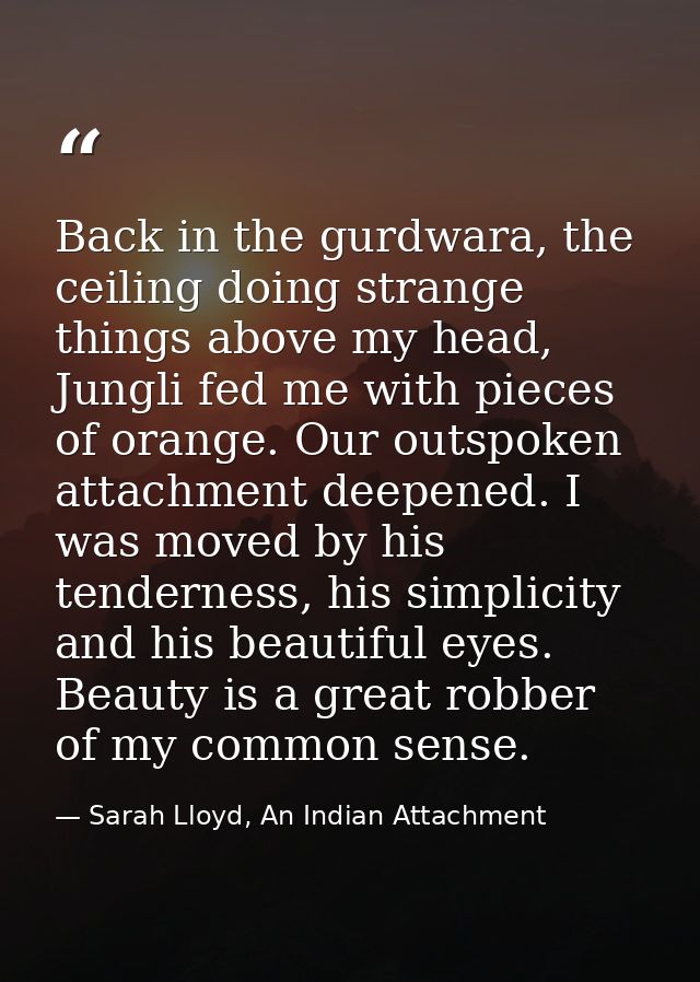 Back in the gurdwara, the ceiling doing strange things above my head, Jungli fed me with pieces of orange. Our outspoken — Sarah Lloyd, An Indian Attachment