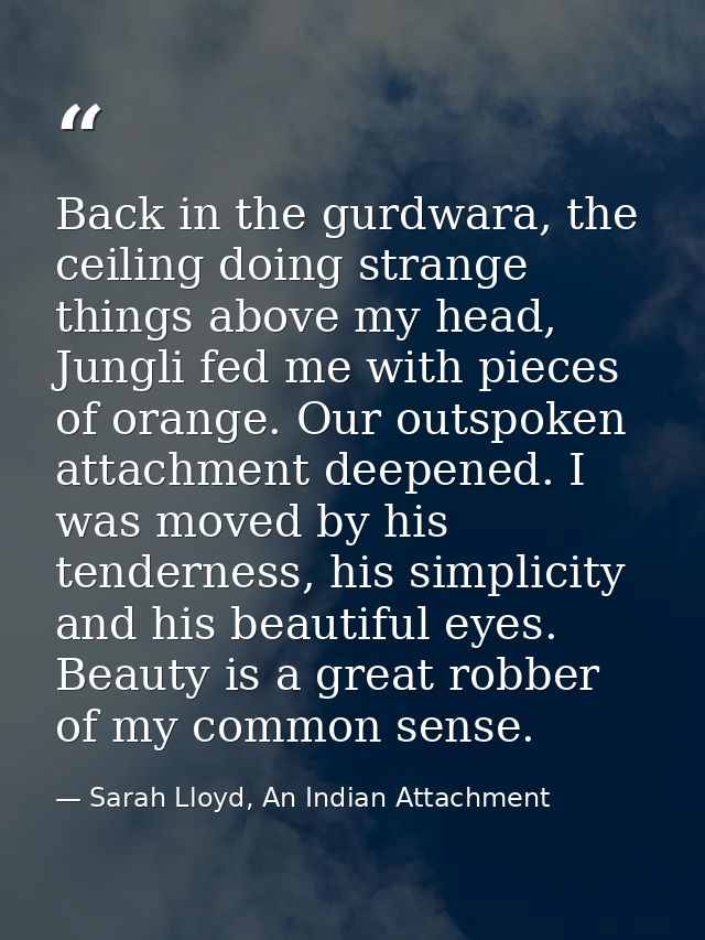 Back in the gurdwara, the ceiling doing strange things above my head, Jungli fed me with pieces of orange. Our outspoken — Sarah Lloyd, An Indian Attachment