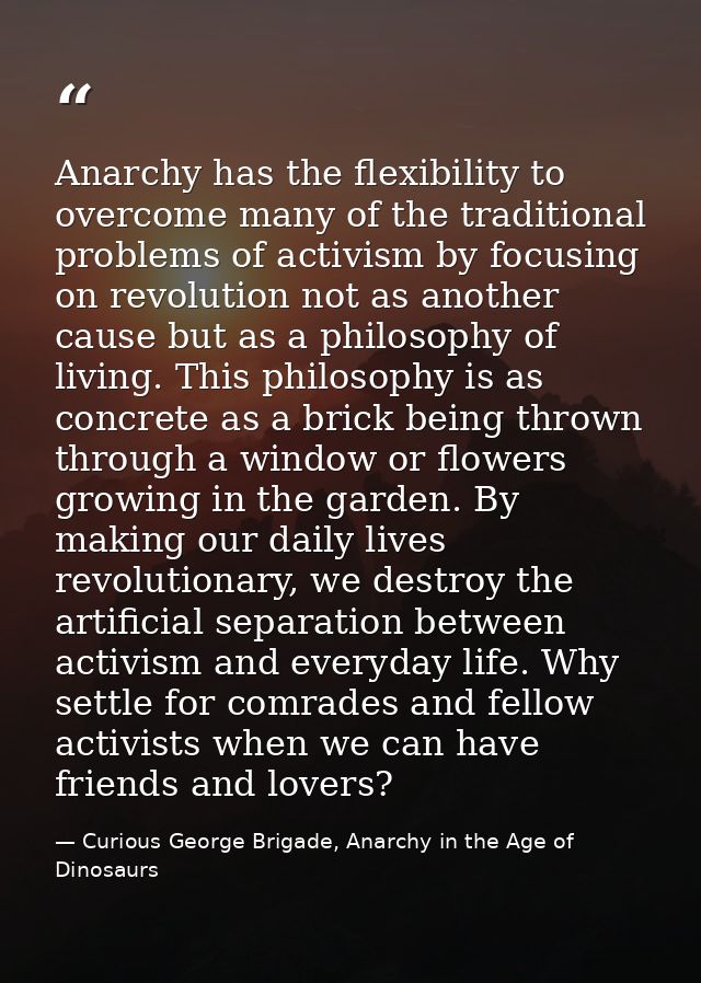Anarchy has the flexibility to overcome many of the traditional problems of activism by focusing on revolution not as an — Curious George Brigade, Anarchy in the Age of Dinosaurs