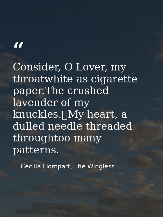 Consider, O Lover, my throatwhite as cigarette paper.The crushed lavender of my knuckles.	My heart, a dulled needle thre — Cecilia Llompart, The Wingless