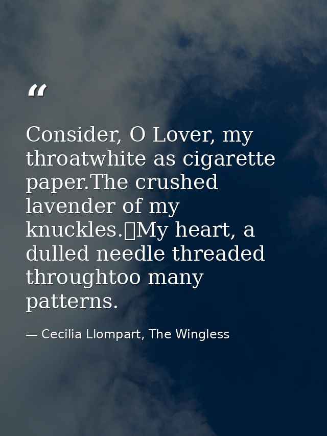 Consider, O Lover, my throatwhite as cigarette paper.The crushed lavender of my knuckles.	My heart, a dulled needle thre — Cecilia Llompart, The Wingless