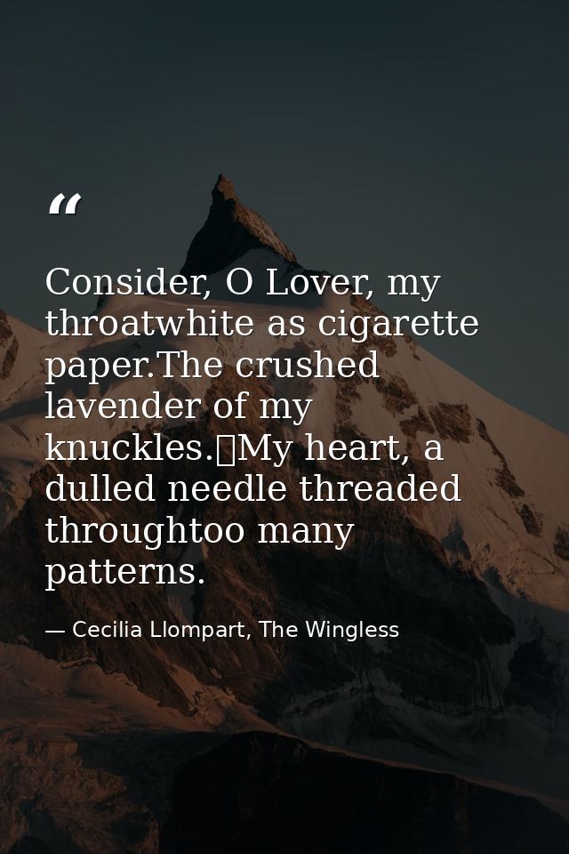 Consider, O Lover, my throatwhite as cigarette paper.The crushed lavender of my knuckles.	My heart, a dulled needle thre — Cecilia Llompart, The Wingless