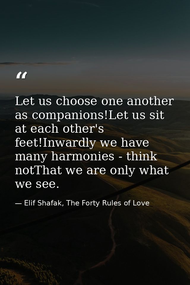 Let us choose one another as companions!Let us sit at each other's feet!Inwardly we have many harmonies - think notThat  — Elif Shafak, The Forty Rules of Love