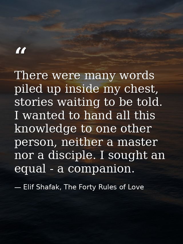 There were many words piled up inside my chest, stories waiting to be told. I wanted to hand all this knowledge to one o — Elif Shafak, The Forty Rules of Love