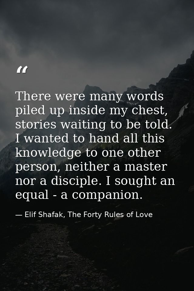 There were many words piled up inside my chest, stories waiting to be told. I wanted to hand all this knowledge to one o — Elif Shafak, The Forty Rules of Love