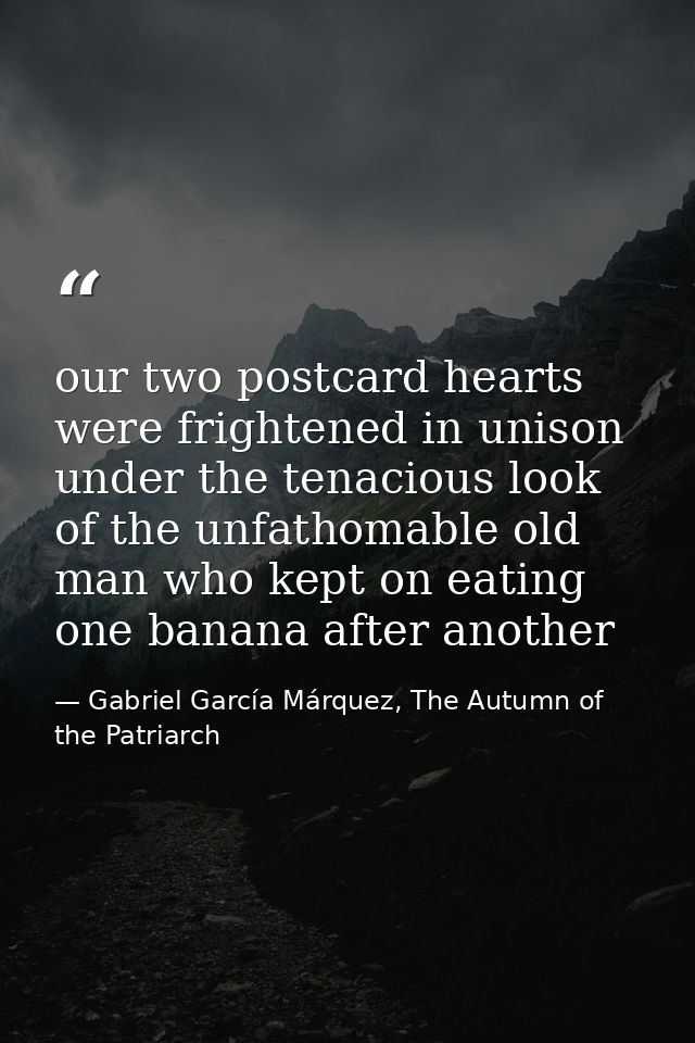 our two postcard hearts were frightened in unison under the tenacious look of the unfathomable old man who kept on eatin — Gabriel García Márquez, The Autumn of the Patriarch