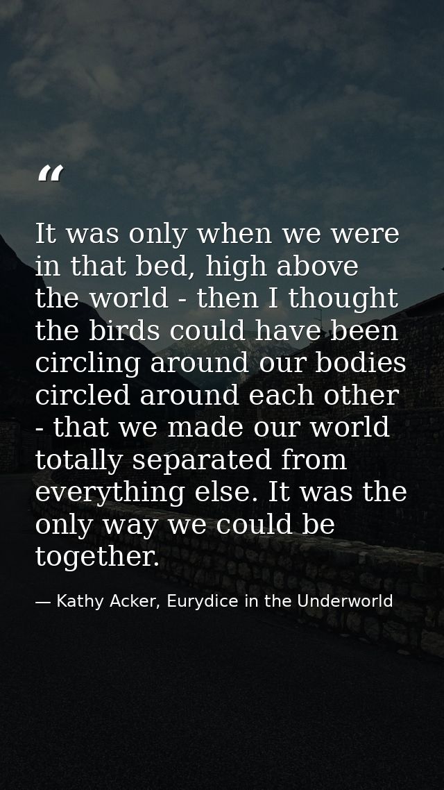It was only when we were in that bed, high above the world - then I thought the birds could have been circling around ou — Kathy Acker, Eurydice in the Underworld