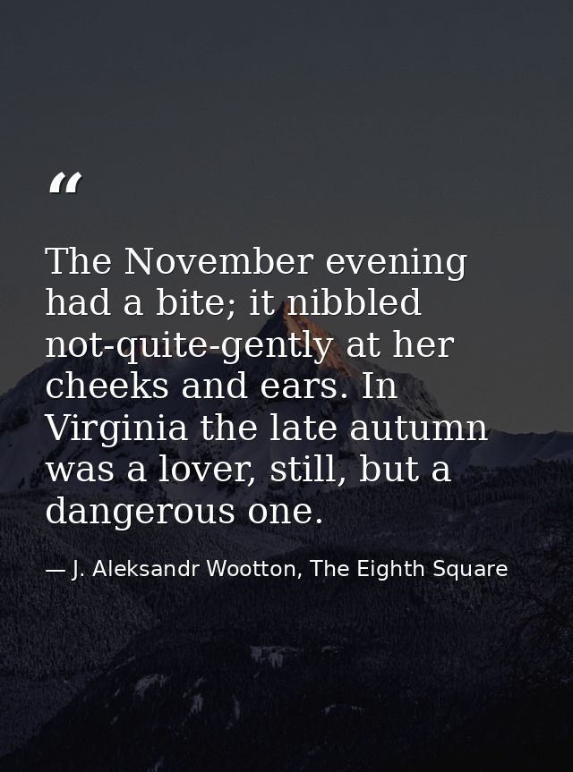 The November evening had a bite; it nibbled not-quite-gently at her cheeks and ears. In Virginia the late autumn was a l — J. Aleksandr Wootton, The Eighth Square