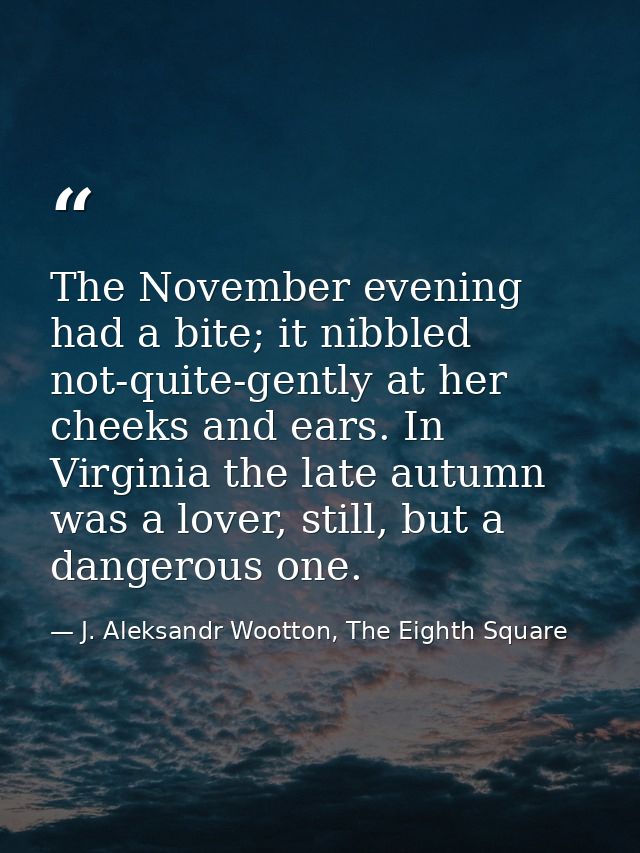 The November evening had a bite; it nibbled not-quite-gently at her cheeks and ears. In Virginia the late autumn was a l — J. Aleksandr Wootton, The Eighth Square