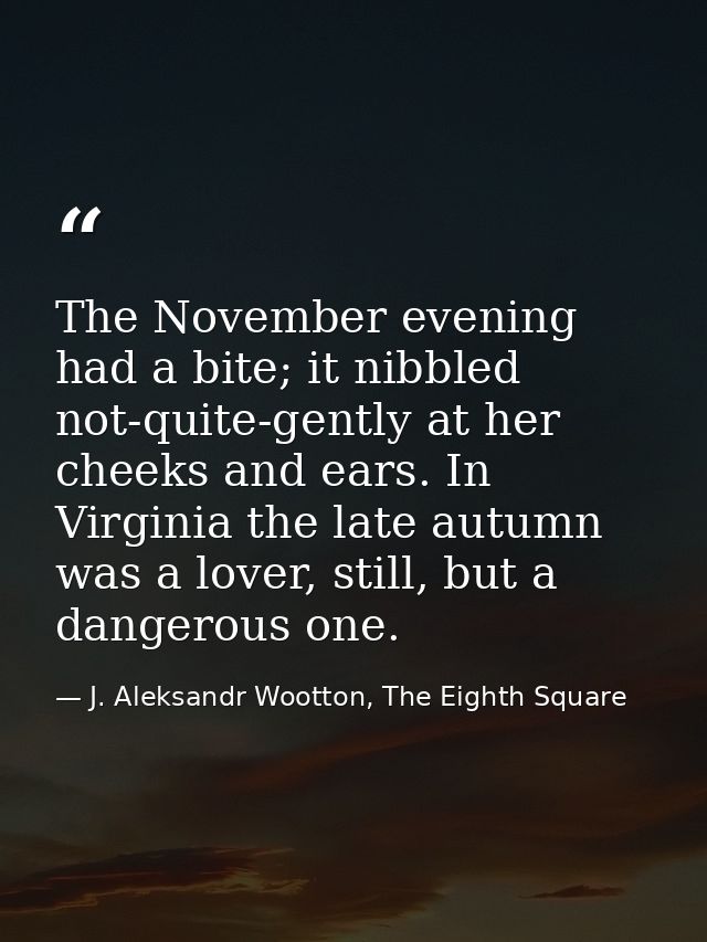 The November evening had a bite; it nibbled not-quite-gently at her cheeks and ears. In Virginia the late autumn was a l — J. Aleksandr Wootton, The Eighth Square
