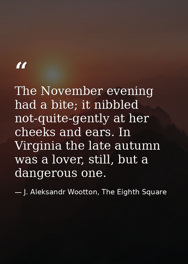 The November evening had a bite; it nibbled not-quite-gently at her cheeks and ears. In Virginia the late autumn was a l — J. Aleksandr Wootton, The Eighth Square