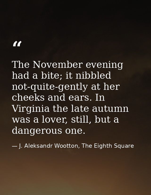 The November evening had a bite; it nibbled not-quite-gently at her cheeks and ears. In Virginia the late autumn was a l — J. Aleksandr Wootton, The Eighth Square