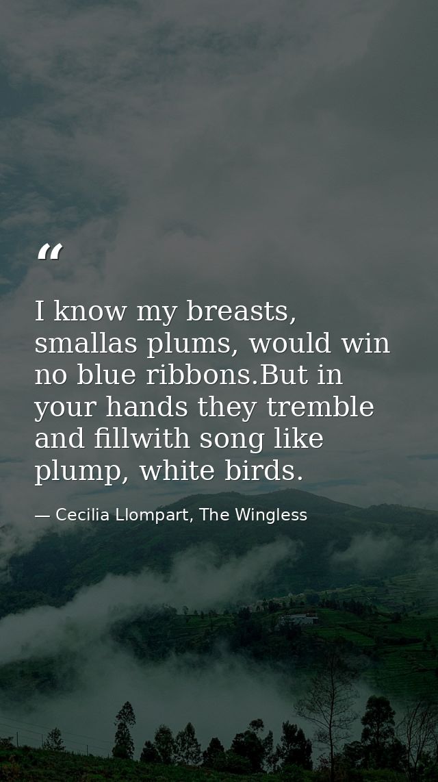 I know my breasts, smallas plums, would win no blue ribbons.But in your hands they tremble and fillwith song like plump, — Cecilia Llompart, The Wingless