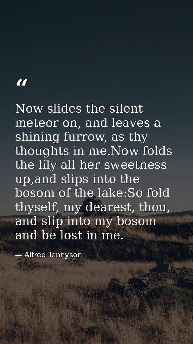 Now slides the silent meteor on, and leaves a shining furrow, as thy thoughts in me.Now folds the lily all her sweetness — Alfred Tennyson