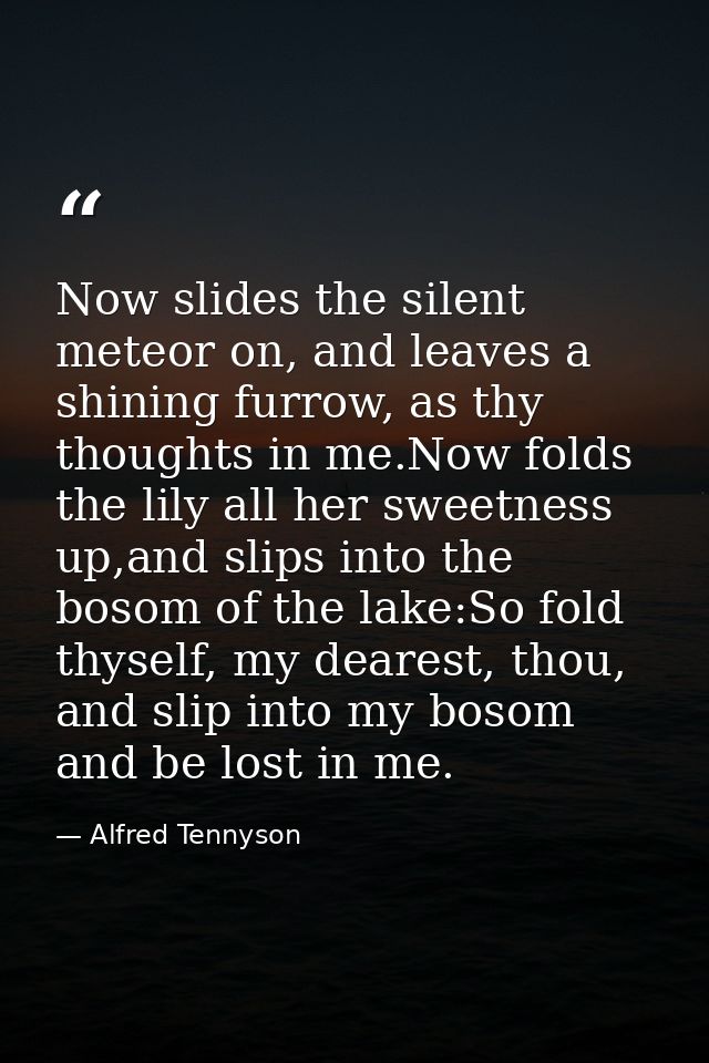 Now slides the silent meteor on, and leaves a shining furrow, as thy thoughts in me.Now folds the lily all her sweetness — Alfred Tennyson