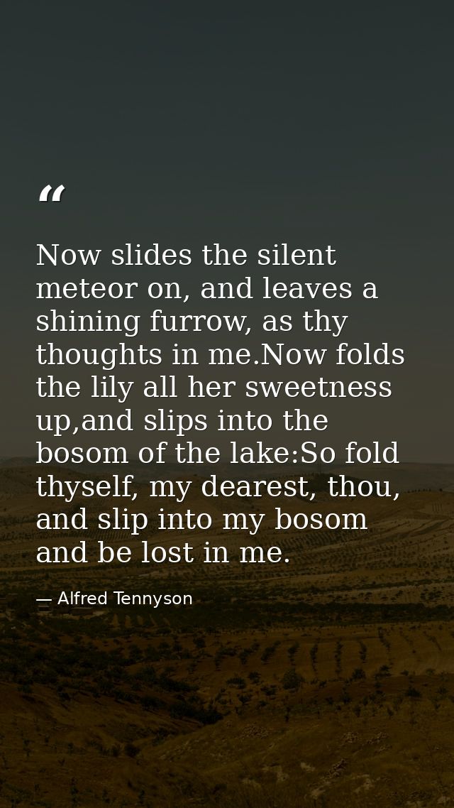 Now slides the silent meteor on, and leaves a shining furrow, as thy thoughts in me.Now folds the lily all her sweetness — Alfred Tennyson