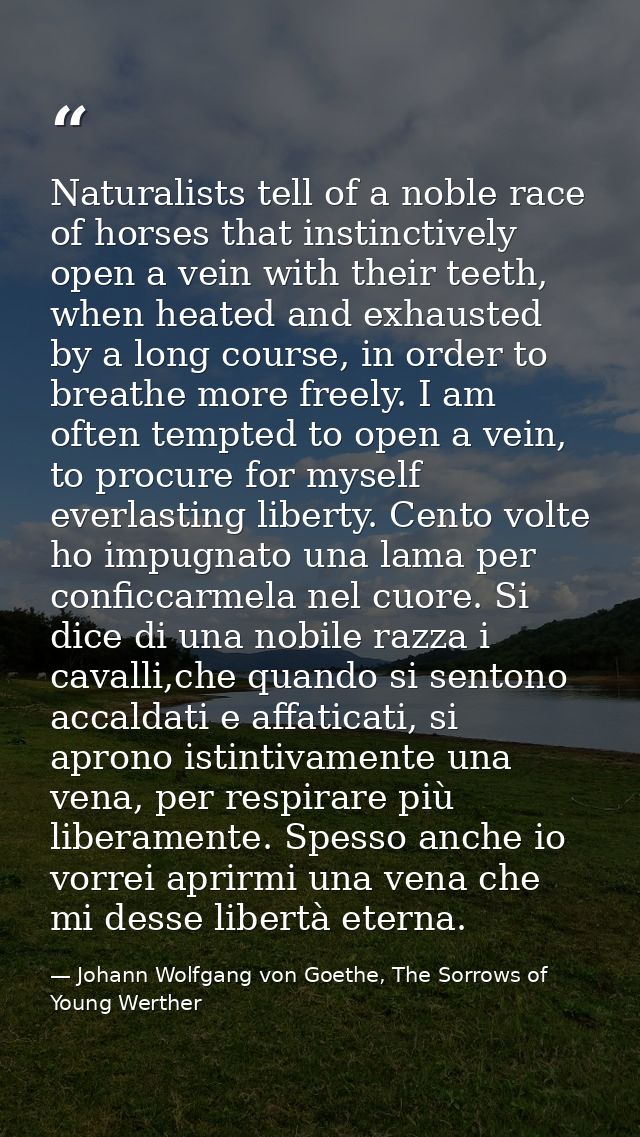 Naturalists tell of a noble race of horses that instinctively open a vein with their teeth, when heated and exhausted by — Johann Wolfgang von Goethe, The Sorrows of Young Werther