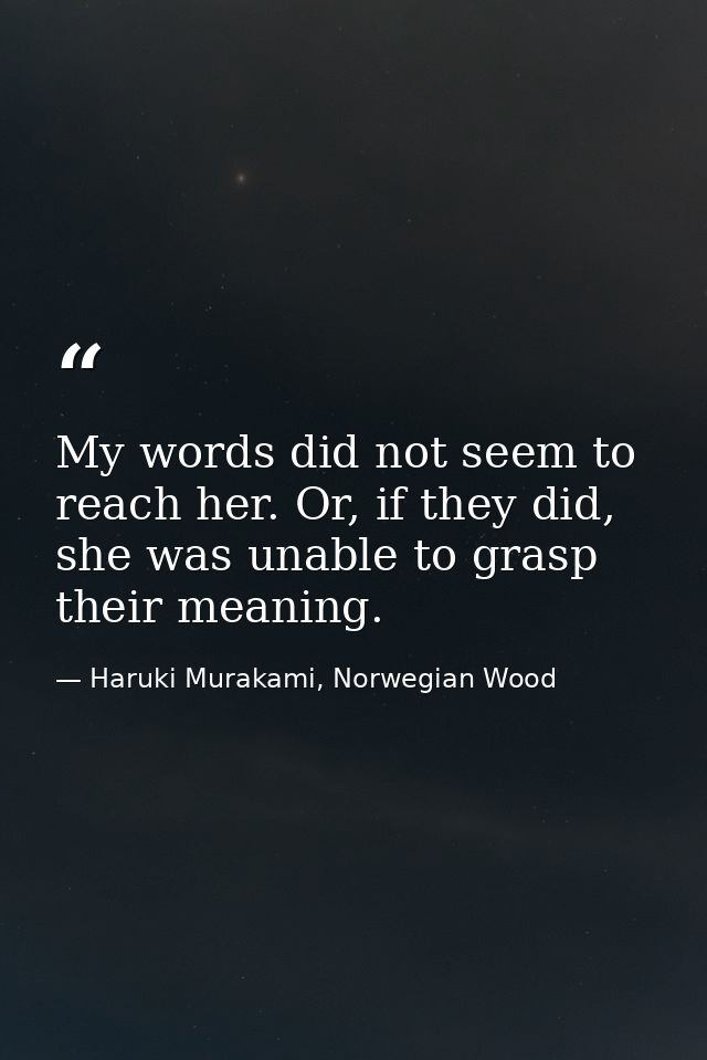 My words did not seem to reach her. Or, if they did, she was unable to grasp their meaning. — Haruki Murakami, Norwegian Wood