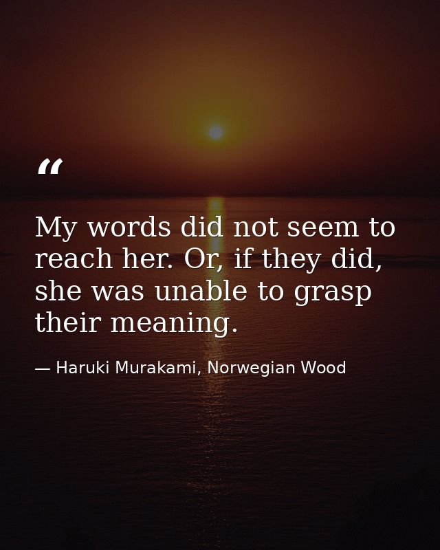 My words did not seem to reach her. Or, if they did, she was unable to grasp their meaning. — Haruki Murakami, Norwegian Wood
