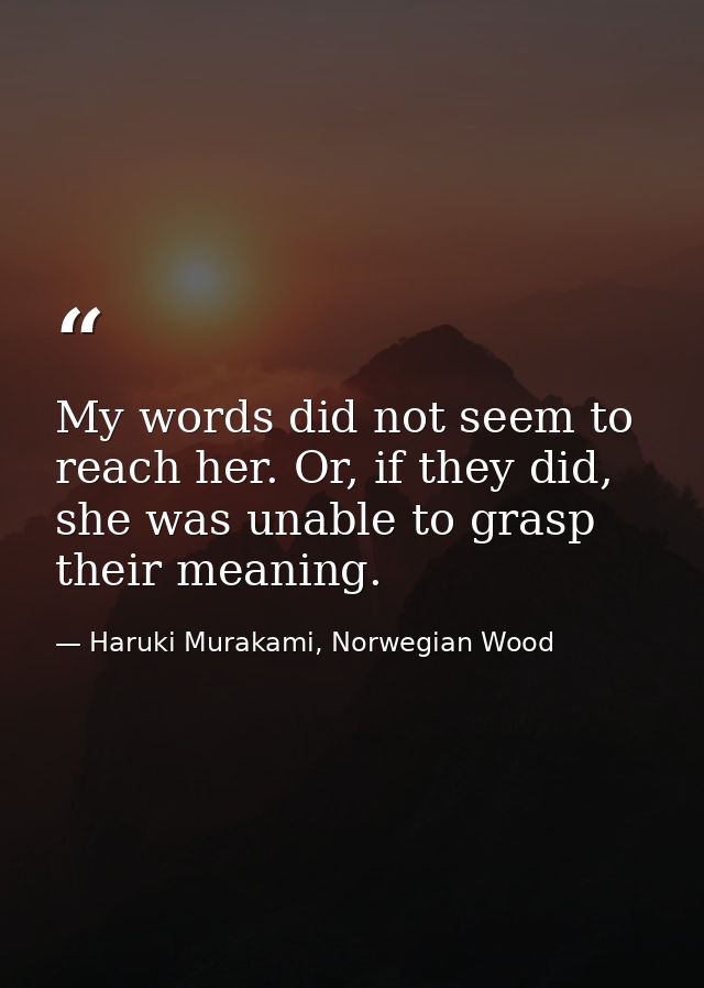 My words did not seem to reach her. Or, if they did, she was unable to grasp their meaning. — Haruki Murakami, Norwegian Wood