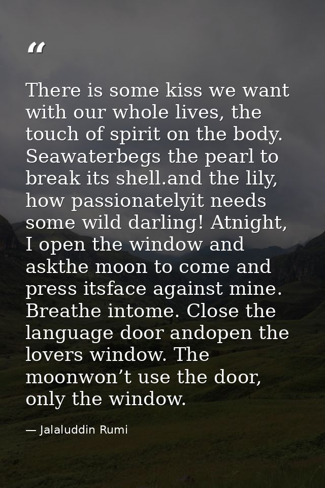 There is some kiss we want with our whole lives, the touch of spirit on the body. Seawaterbegs the pearl to break its sh — Jalaluddin Rumi