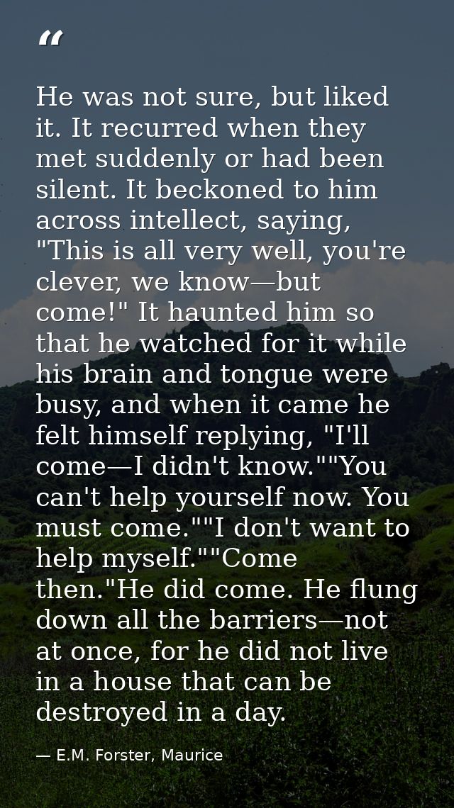 He was not sure, but liked it. It recurred when they met suddenly or had been silent. It beckoned to him across intellec — E.M. Forster, Maurice