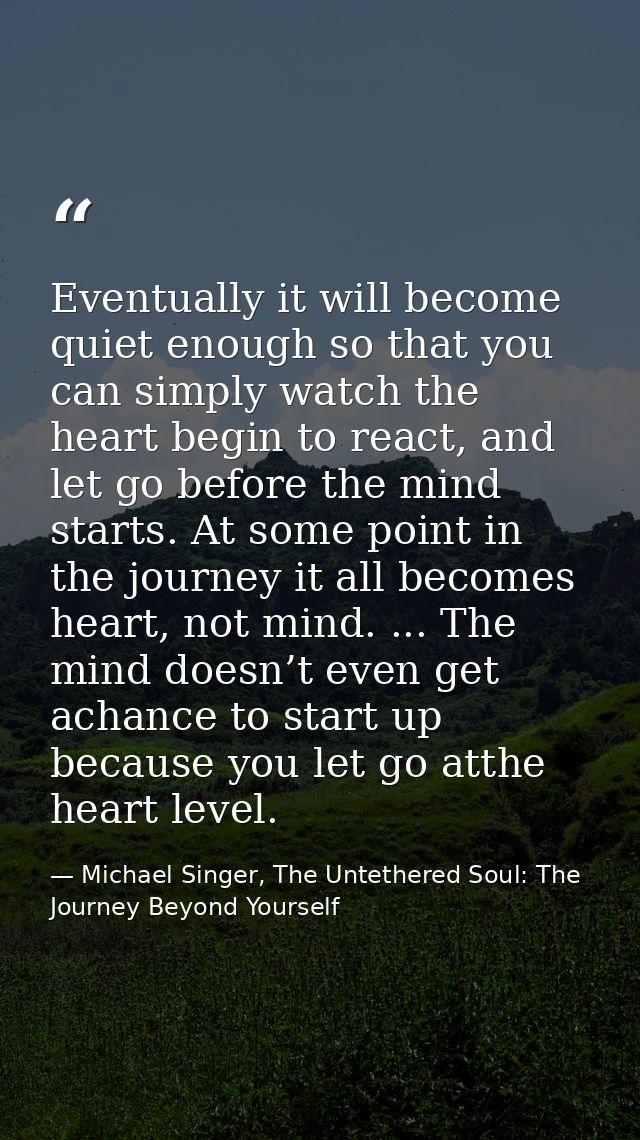 Eventually it will become quiet enough so that you can simply watch the heart begin to react, and let go before the mind — Michael Singer, The Untethered Soul: The Journey Beyond Yourself