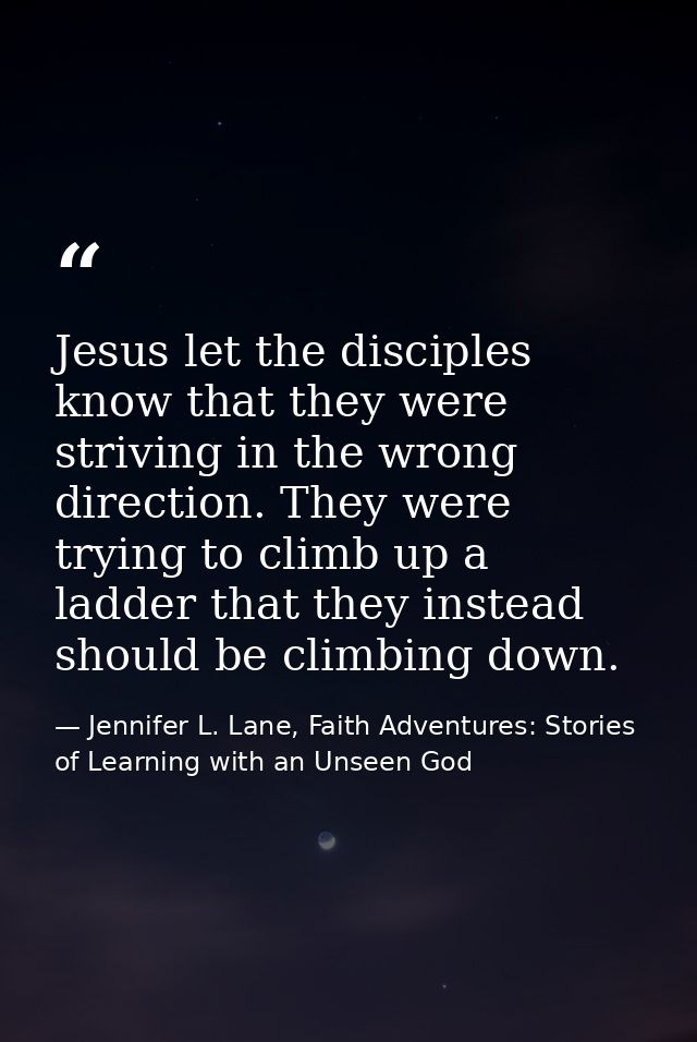 Jesus let the disciples know that they were striving in the wrong direction. They were trying to climb up a ladder that  — Jennifer L. Lane, Faith Adventures: Stories of Learning with an Unseen God