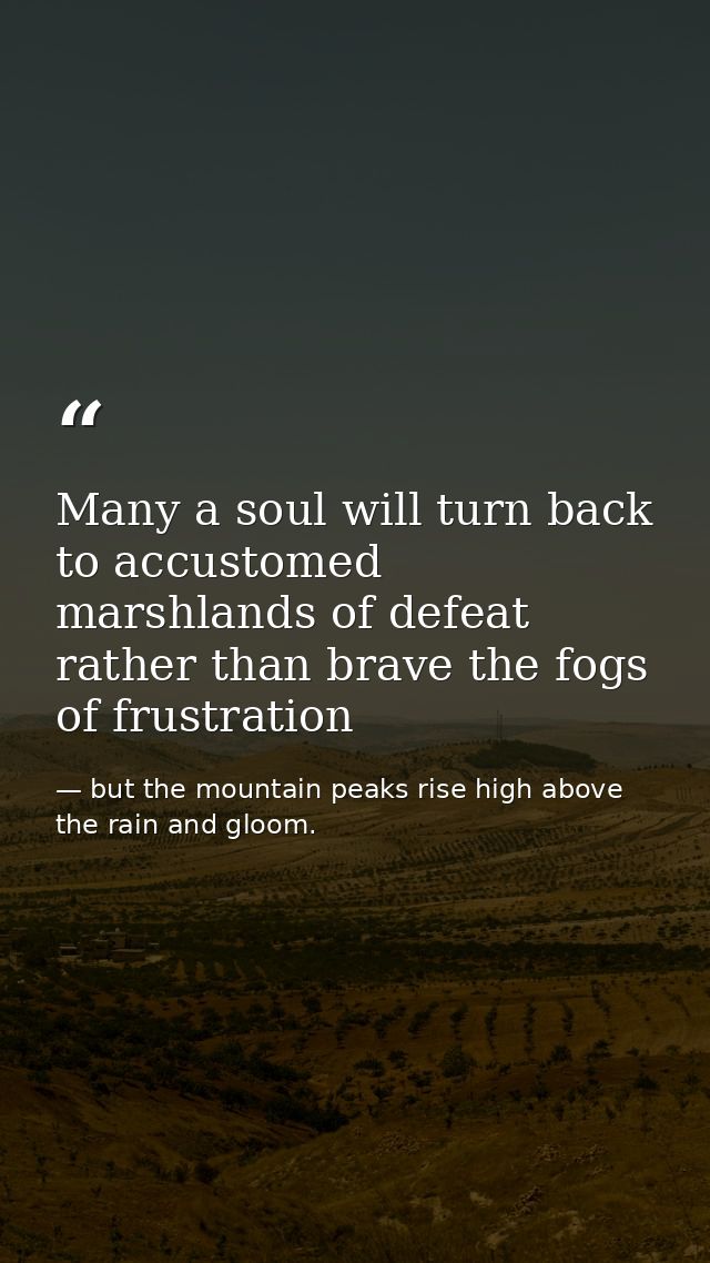 Many a soul will turn back to accustomed marshlands of defeat rather than brave the fogs of frustration — but the mountain peaks rise high above the rain and gloom.