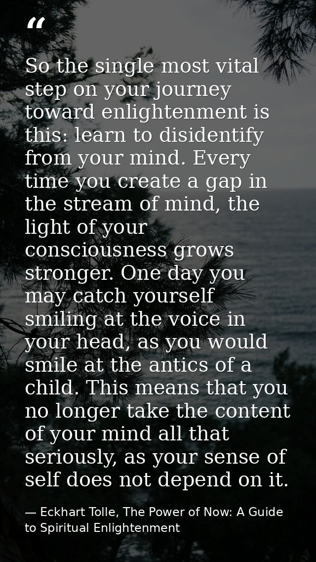 So the single most vital step on your journey toward enlightenment is this: learn to disidentify from your mind. Every t — Eckhart Tolle, The Power of Now: A Guide to Spiritual Enlightenment