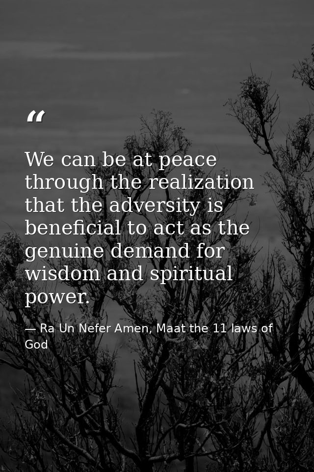 We can be at peace through the realization that the adversity is beneficial to act as the genuine demand for wisdom and  — Ra Un Nefer Amen, Maat the 11 laws of God
