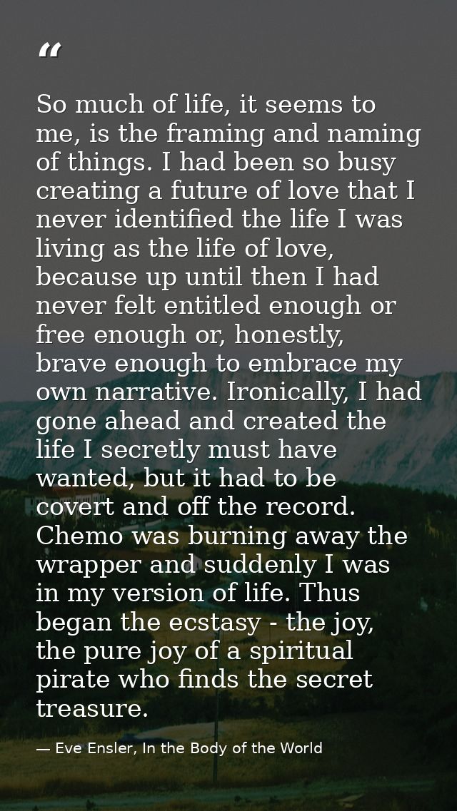 So much of life, it seems to me, is the framing and naming of things. I had been so busy creating a future of love that  — Eve Ensler, In the Body of the World