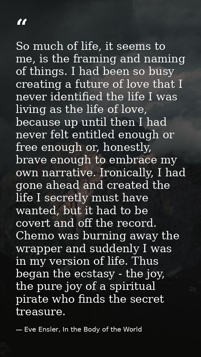 So much of life, it seems to me, is the framing and naming of things. I had been so busy creating a future of love that  — Eve Ensler, In the Body of the World