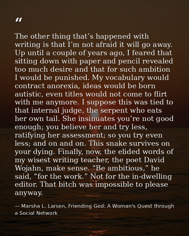 The other thing that’s happened with writing is that I’m not afraid it will go away. Up until a couple of years ago, I f — Marsha L. Larsen, Friending God: A Woman's Quest through a Social Network