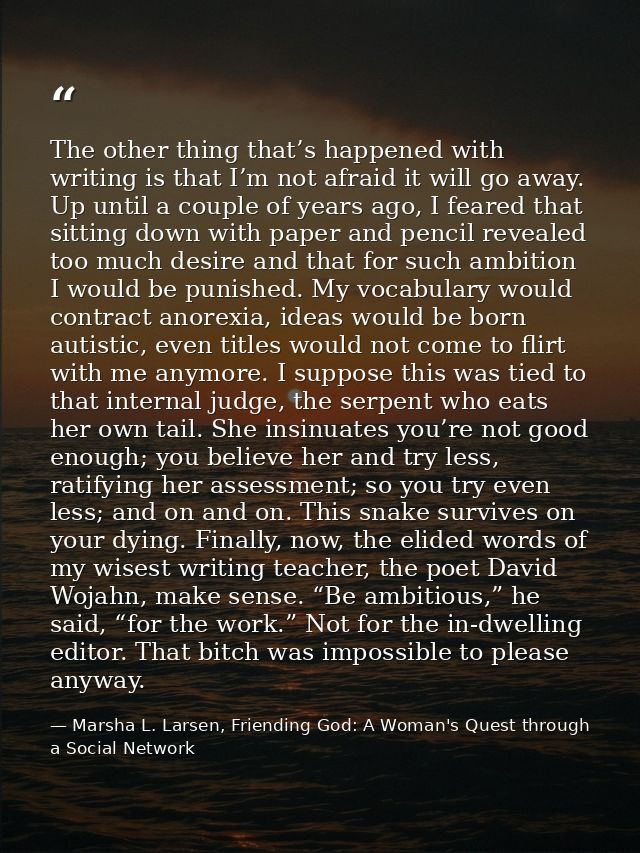 The other thing that’s happened with writing is that I’m not afraid it will go away. Up until a couple of years ago, I f — Marsha L. Larsen, Friending God: A Woman's Quest through a Social Network