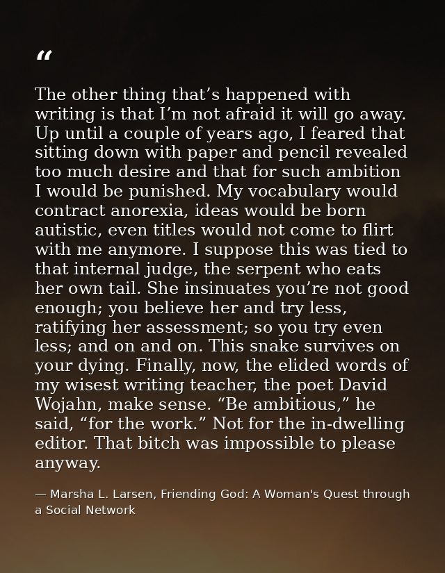The other thing that’s happened with writing is that I’m not afraid it will go away. Up until a couple of years ago, I f — Marsha L. Larsen, Friending God: A Woman's Quest through a Social Network