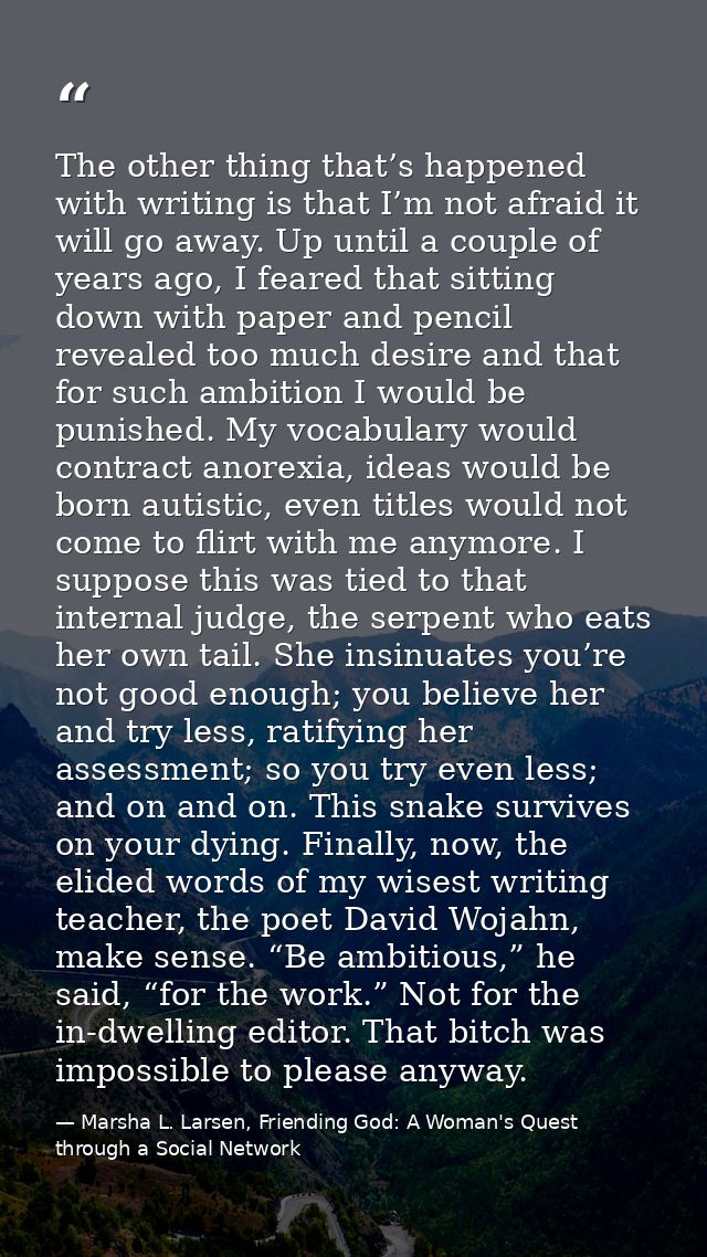 The other thing that’s happened with writing is that I’m not afraid it will go away. Up until a couple of years ago, I f — Marsha L. Larsen, Friending God: A Woman's Quest through a Social Network