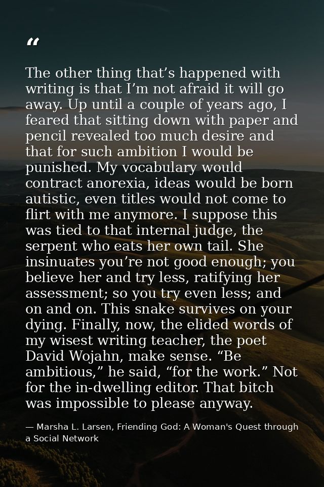 The other thing that’s happened with writing is that I’m not afraid it will go away. Up until a couple of years ago, I f — Marsha L. Larsen, Friending God: A Woman's Quest through a Social Network