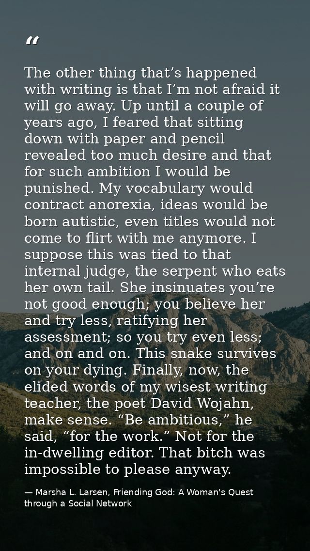 The other thing that’s happened with writing is that I’m not afraid it will go away. Up until a couple of years ago, I f — Marsha L. Larsen, Friending God: A Woman's Quest through a Social Network
