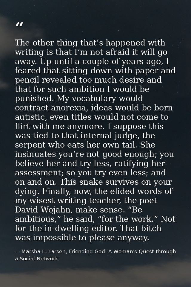 The other thing that’s happened with writing is that I’m not afraid it will go away. Up until a couple of years ago, I f — Marsha L. Larsen, Friending God: A Woman's Quest through a Social Network
